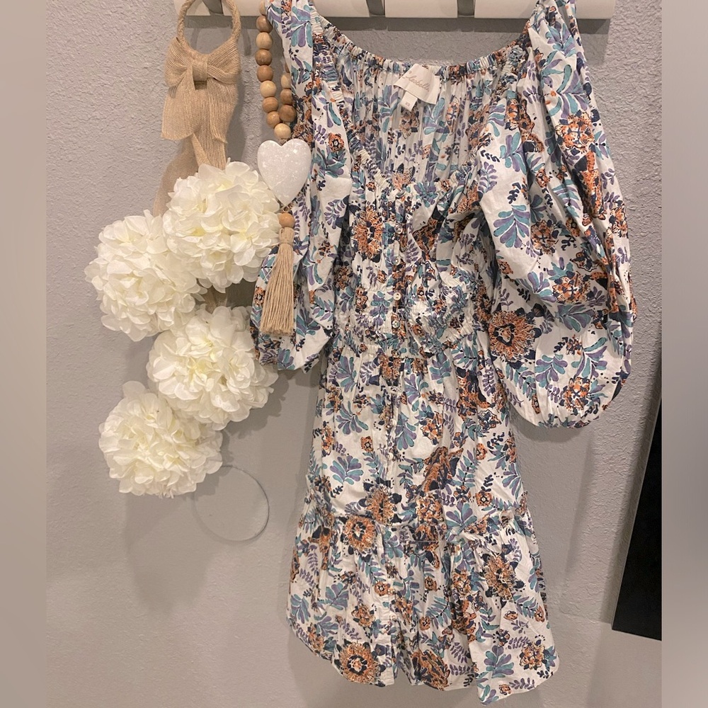 Cleobella mini dress from Nordstrom 
Floral print pretty blues and pink & white